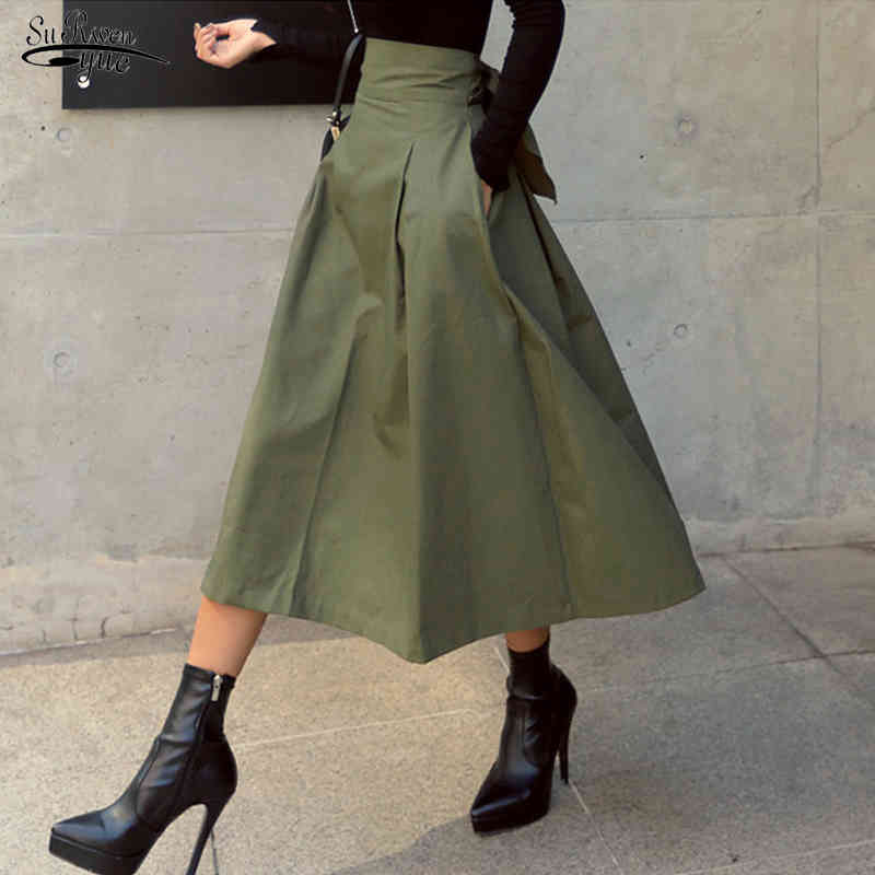 Autumn Solid Skirts Womens Korean Style Cotton Big Swing Ladies Skirt Long Wild High Waist Bow Slim Jupe Femme 9763 210508