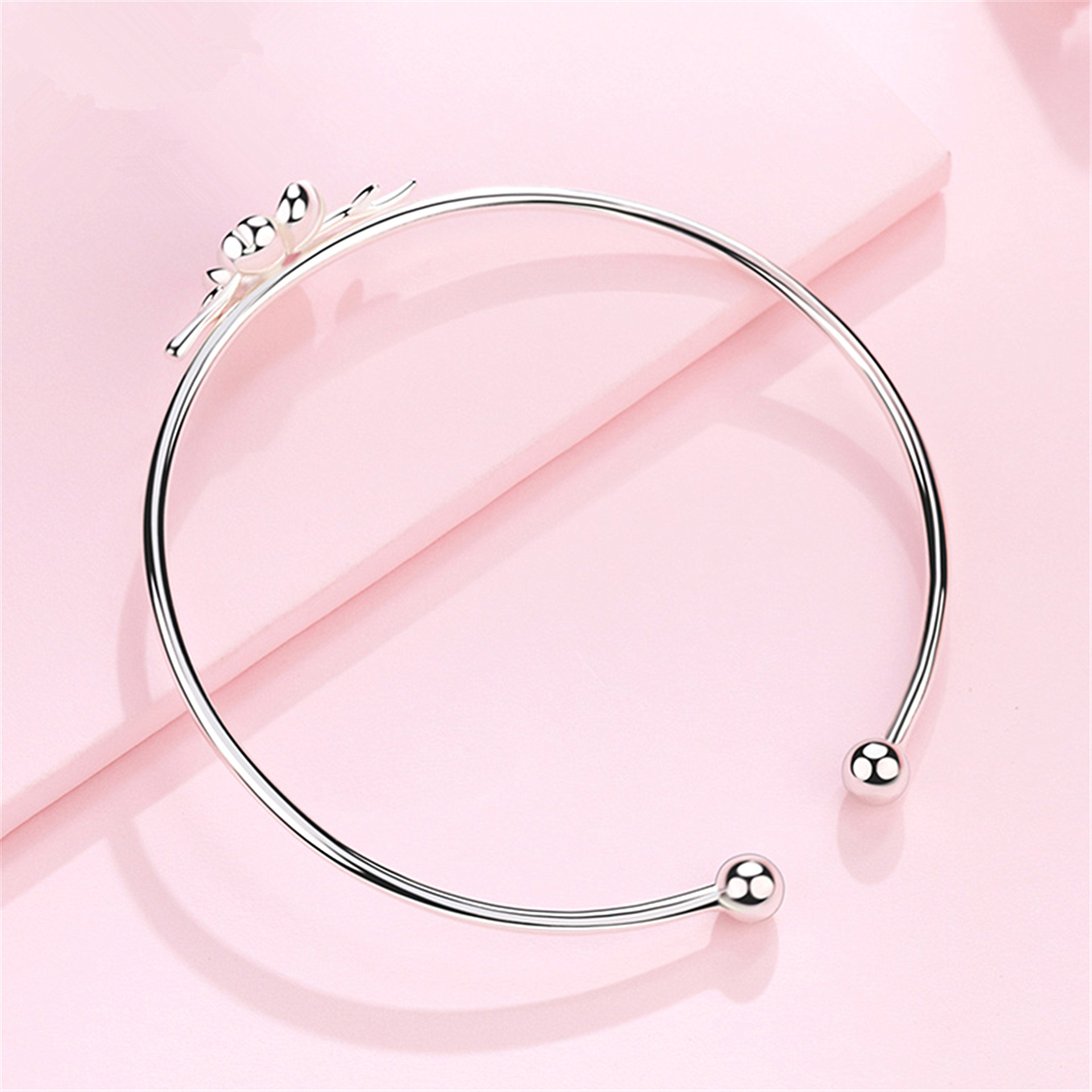 Sterling Silver Plated Cuff Bangle with Rose Quartz & Floral Design - Elegant Womens Jewelery