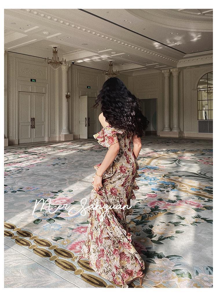 French Elegant Vintage Dress Women Floral Floor-Length Beach Dress Sexy Wedding Party Long Dress Female Korea Style Summer 210521