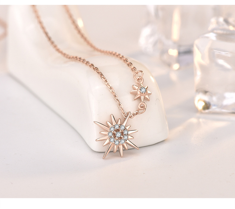 rose gold platinum S925 Sterling Silver rhinestones Choker Sunburst Short Dainty Necklace Pendant for Women Girl