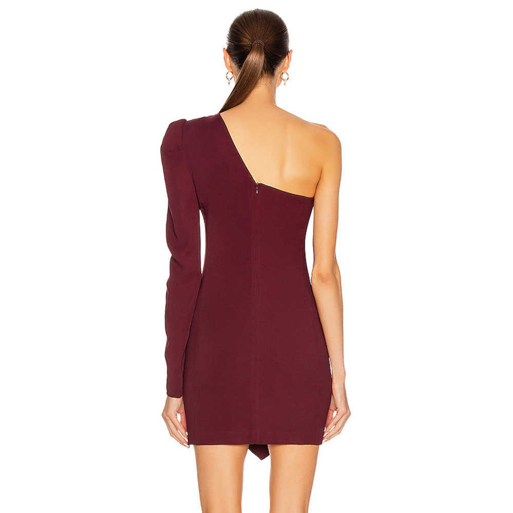 High Quality Women's Burgundy Fishnet One Shoulder Long Sleeve Ruffle Sexy Mini Bandage Celebrity Party Dress Vestidos 210527