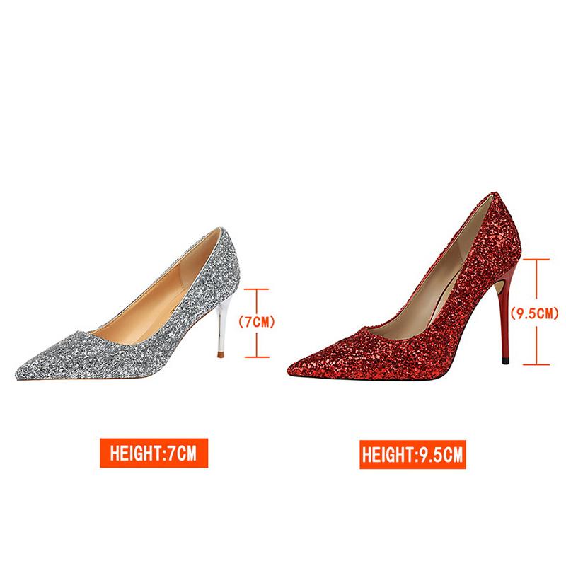 Dress Shoes Women 7.5cm Thin High Heel Pumps Bridal 2021 Bling Sparkly Heels Lady Party Fashion Glitter Wedding Plus Size