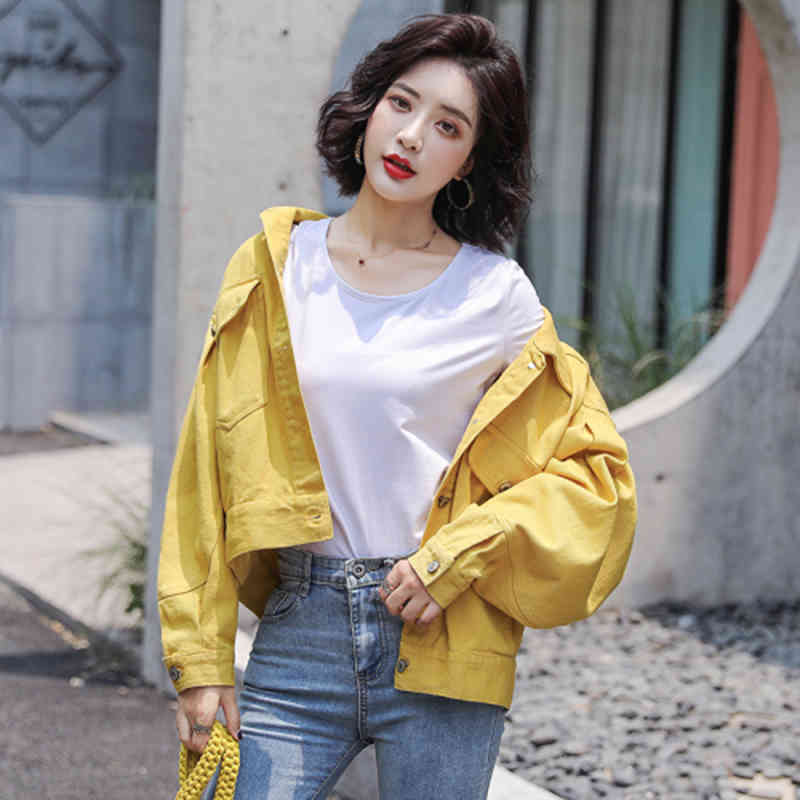 Autumn Korea Fashion Women Long Sleeve Loose Pink Jackets all-matched Casual Back Print Cotton Denim Short Coat S191 210512