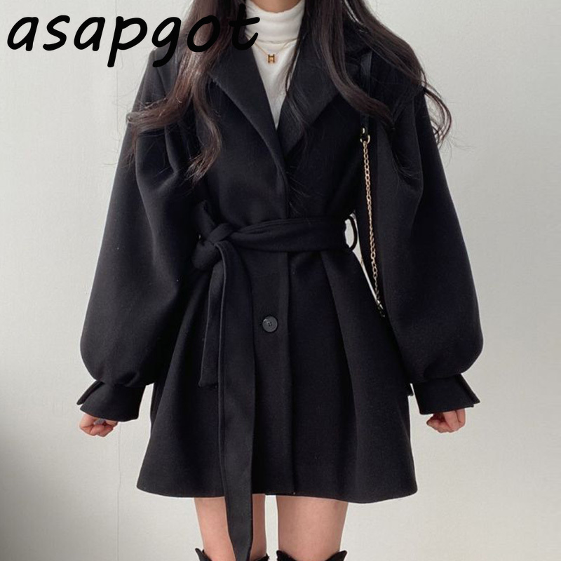 Coats & Jackets Wool Blends Quilted Chic Autumn Oversize Notched Two Button Slim Lantern Sleeve Woolen Coat Women Belt 210429