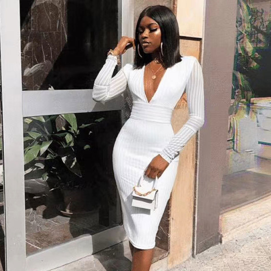 Free Women Striped Bandage Dress Sexy V-neck Long Sleeve Bodycon Knee-length Club Celebrity Party 210524