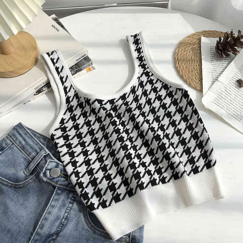 Fashion Plaid color houndstooth o neck sleeveless knit vest women's Korean casual slim short suspender top womens tank tops 210508
