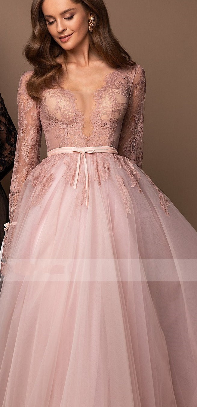 Sexy Prom Dress V-Neck Lace Appliques Long Sleeve Belt Tulle A-line Zipper 2022 Women Formal Evening Gowns Black robes de soirée Vestidos de Fiesta