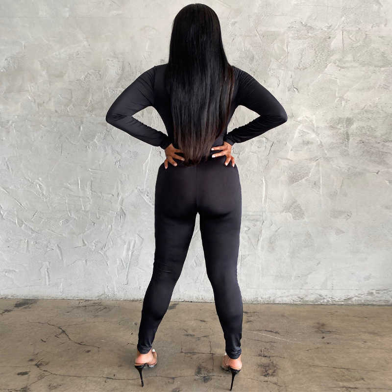 Colysmo Fall Black Jumpsuit Sexy Deep V Neck Chain Cut out Playsuit Slim Fit Long Sleeve Outfit Women Sports Wear 210527