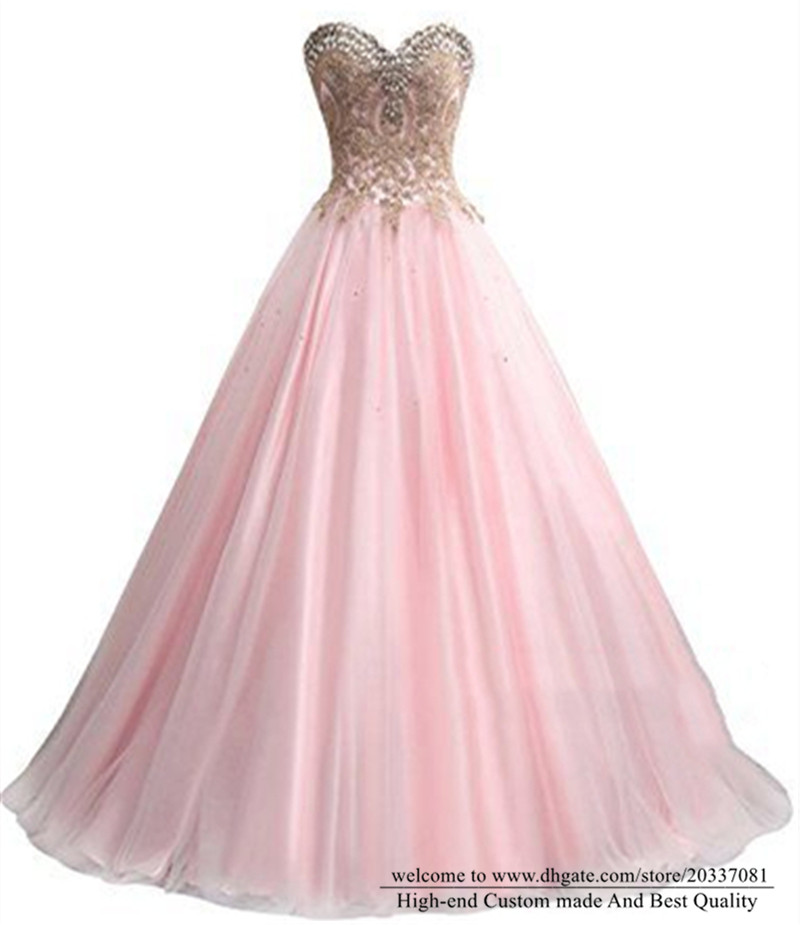 Quinceanera Dresses 2021 Pink Crystal Princess Sweetheart Gold Appliques Party Prom Formal A-Line Lace Up Tulle Vestidos De 15 Anos Q25