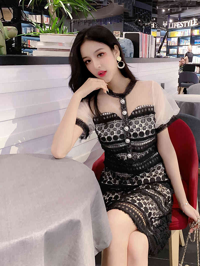 Women's Summer Short Lace Dress Mesh splicing Stand collar Pearl button Hollow Tassel Sweet Light Blue Dresses 210515