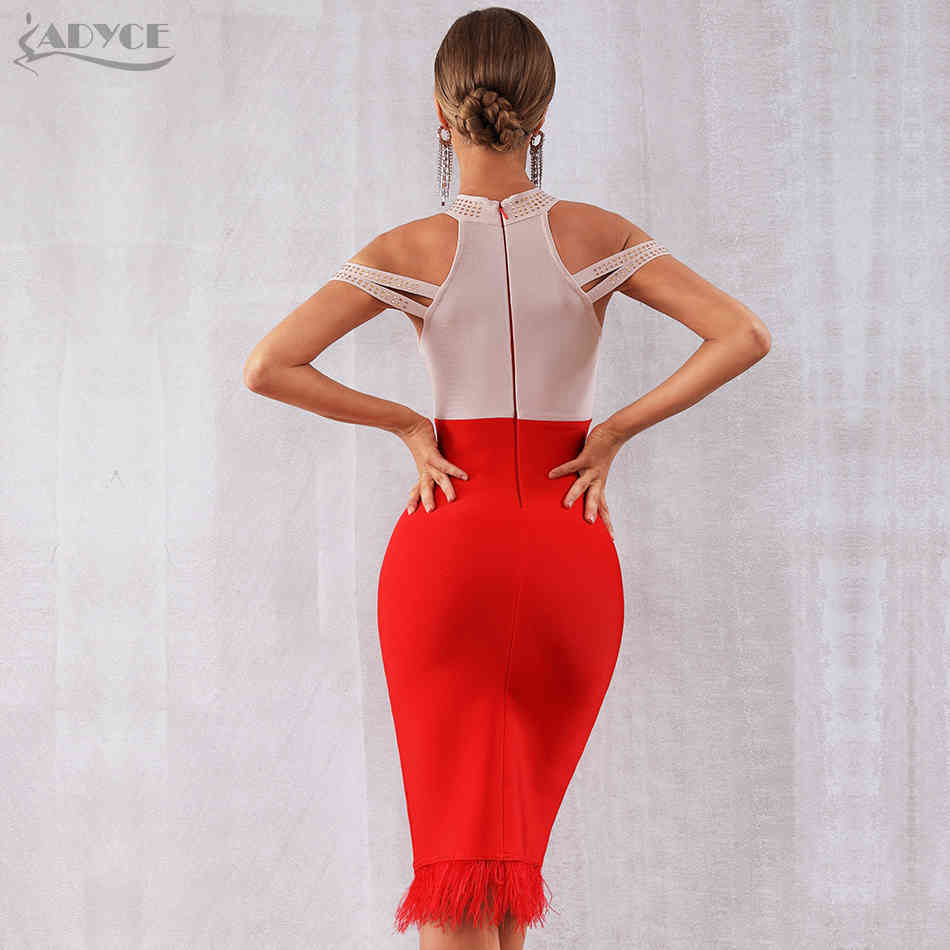 Summer Bandage Dress Women Elegant Red Off Shoulder Sexy Feather Bodycon Club Beading Celebrity Party 210423