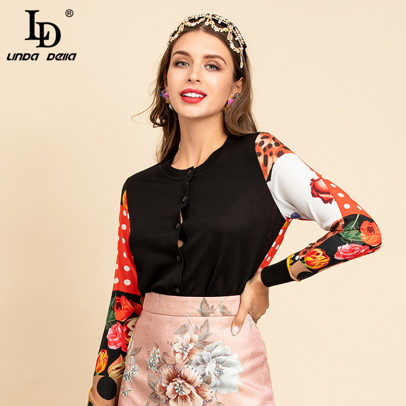 Spring Summer Runway Fashion Cardigan style knitting Tops Women's Long Sleeve Flower Print Silk Sweater 210522