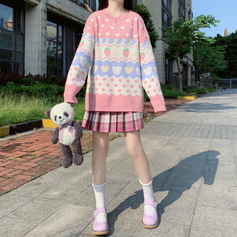Harajuku Fashion Cute Cartoon Sweater Women Strawberry Jacquard Pattern Kawaii Pink Knitted Autumn Winter Jumper 210519