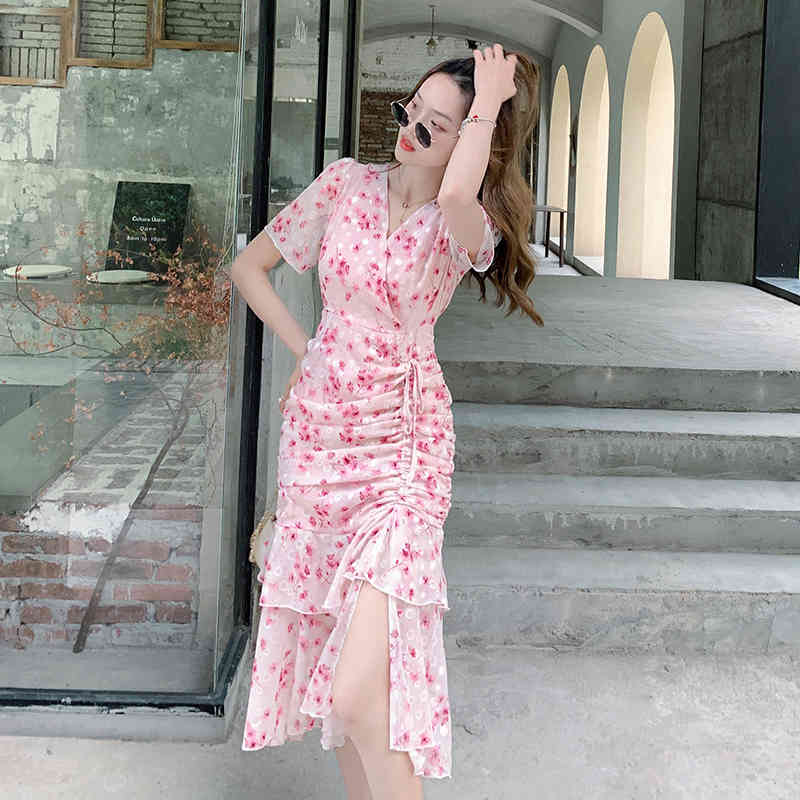 Summer Short Sleeve Wrap Mini Dress Floral Print Dresses Lace-up Waist Pink Sundress For Holiday Vestidos 210515