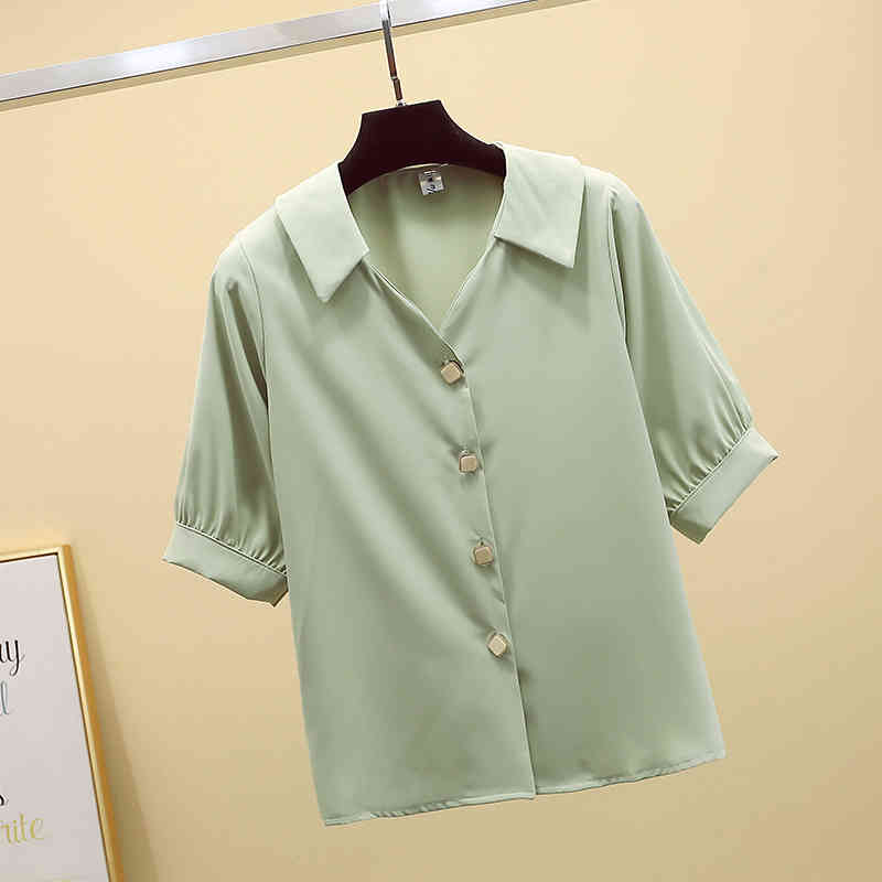 Vintage Puff Sleeve V-neck Office Lady Tops Korean Womens and Blouses Solid Short Summer Cardigan Shirts Blusas 9882 210506