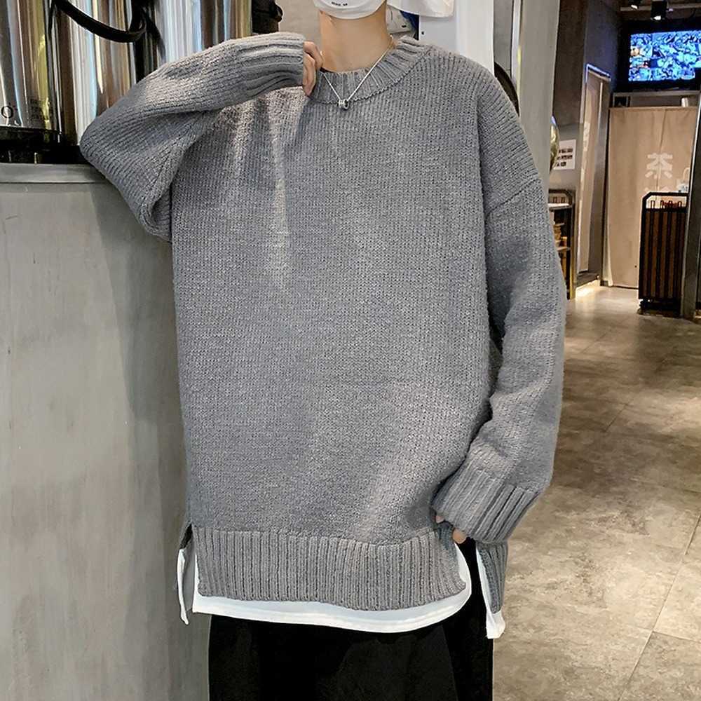 Black Sweater Men Korean Fashion Oversized Sweater Pure Color Loose Fit Knitted Sweater Men Streetwear Trends Clothes Men Y0907