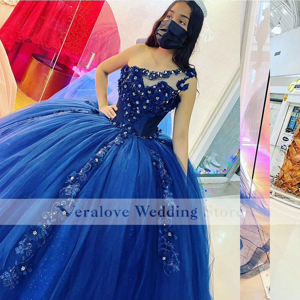vestidos de xv 15 años Blue Quinceanera Dress One Shoulder Appliques Ball Gown Prom Sweet 16 Dress Custom