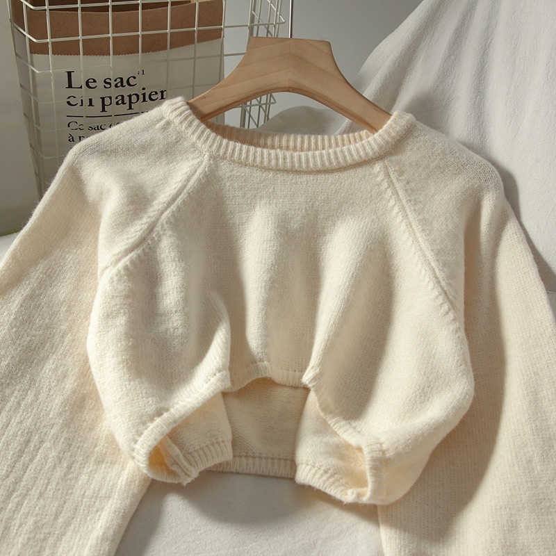 Korobov Preppy Style Streetwear Crop Knit Pullovers Korean Long Sleeve O Neck Solid Sweaters Vintage Jumper Femme 211011Z
