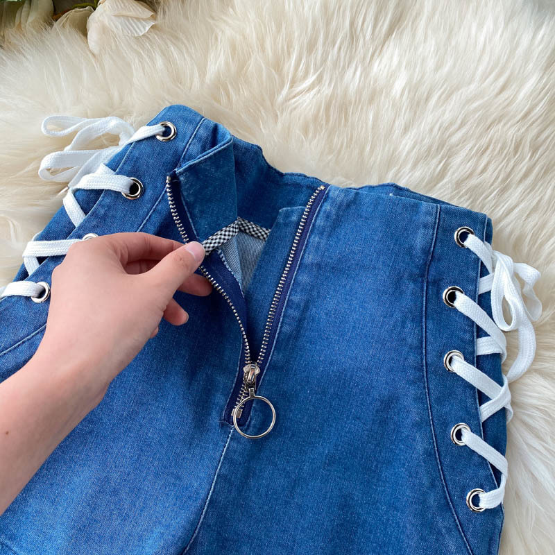 Nomikuma Korean Cross Bandage Women Jeans Shorts Zipper High Waist New Wide Leg Demin Short Causal Fashion Bottoms 6D618 210427