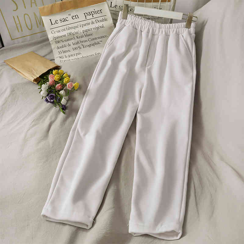 Nomikuma Fleece Causal Straight Long Pants Autumn Winter Women Trousers Causal Stretch High Waist Pants Pantalones 6D128 210427