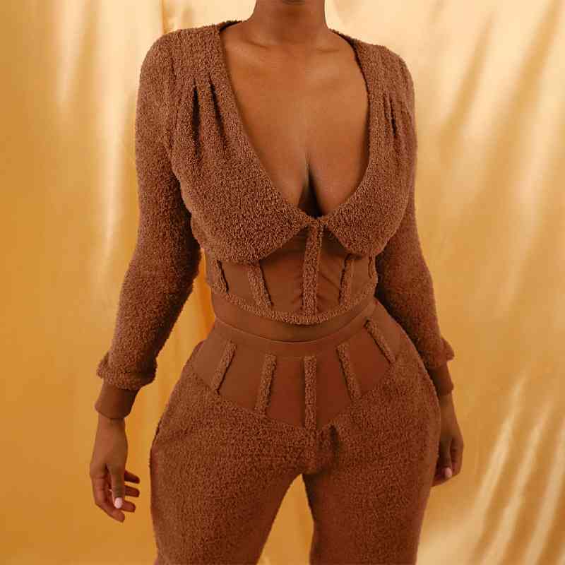Europe and America spring deep V top trousers cashmere casual suit women's wear 210602