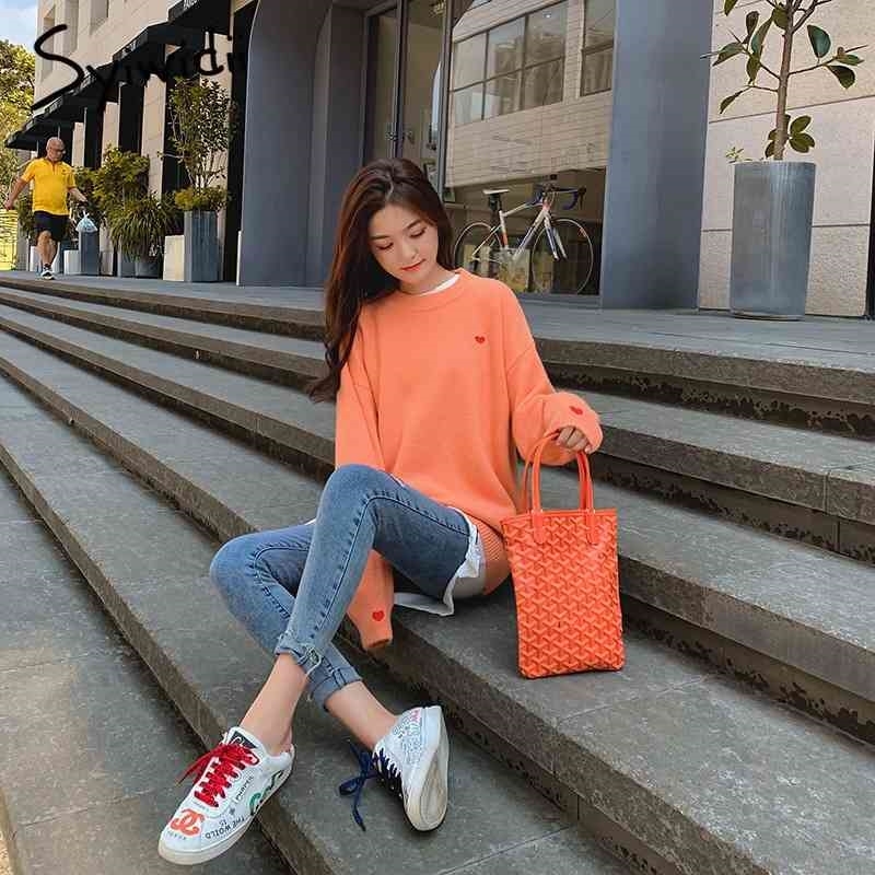 Embroidery Heart Sweater Women Pullovers O-Neck Knitted Fall Winter Clothe Harajuku Shirt Oversized Sweater Korean Jumper 210805