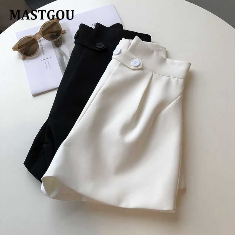 MASTGOU Iregular Shorts Women's White Short Black Wide Leg Zipper Waist Vintage High Summer Trousers 210714