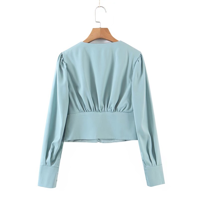 Retro French Style Pleated Ruched Shirt Single-breasted Hollow Out Buttons Slim Waist Short Women Blouse Puff Sleeve Tops 210429