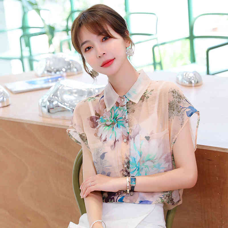 Korean Print Office Lady Tops Casual Short Sleeve Chiffon Shirt Women Blusas Mujer De Moda Summer Thin Blouse 9808 210506