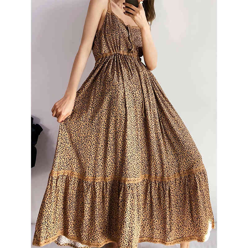 YENKYE Sexy Spaghetti Strap Vintage Leopard Dress Women Sleeveless Drawstring Waist A-line Casual Sling Long Dress Summer Robe 210515