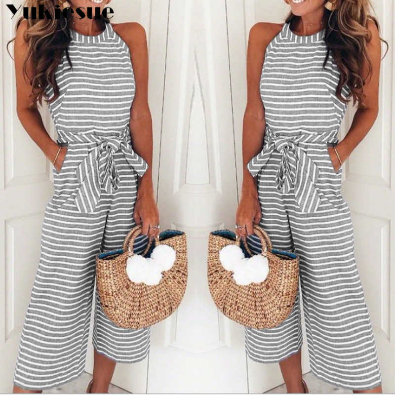Elegant Sexy Jumpsuits Women Sleeveless Striped Jumpsuit Loose Trousers Wide Leg Pants Rompers Holiday Belted Leotard Overalls 210608