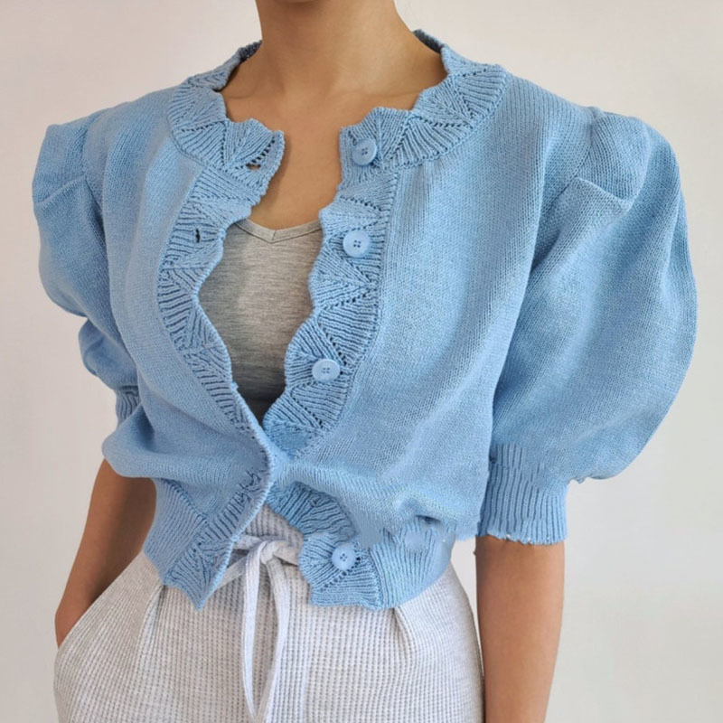 Lucyever Button Up Puff Sleeve Knitted Cardigan Women Summer Casual Streetwear Thin Sweater Woman Short Sleeves Vintage Cardigan 210521