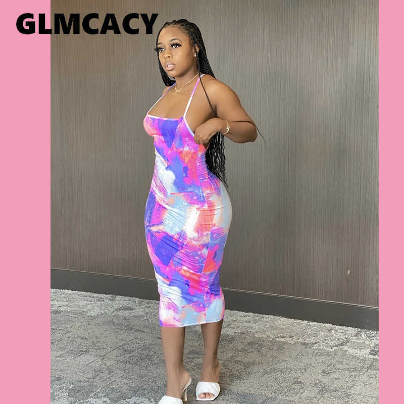 Women Tie Dye Printed Halter Backless Bodycon Dress Slim Fit Backless Sexy & Club Night Out Dresses 210702
