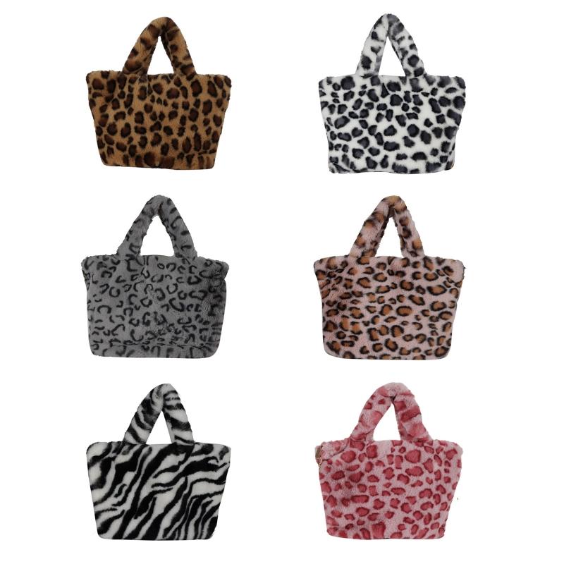 Evening Bags Women Leopard Plush Shoulder Crossbody Bag Tote Chain Satchel Winter Purse J60D