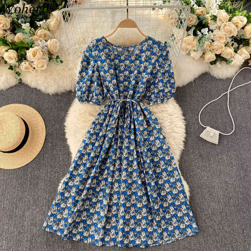 Summer Floral Print Square Collar Women Midi Dress Elegant Short Sleeve Lace-up Slim Waist Ladies A-line Vestidos 210519