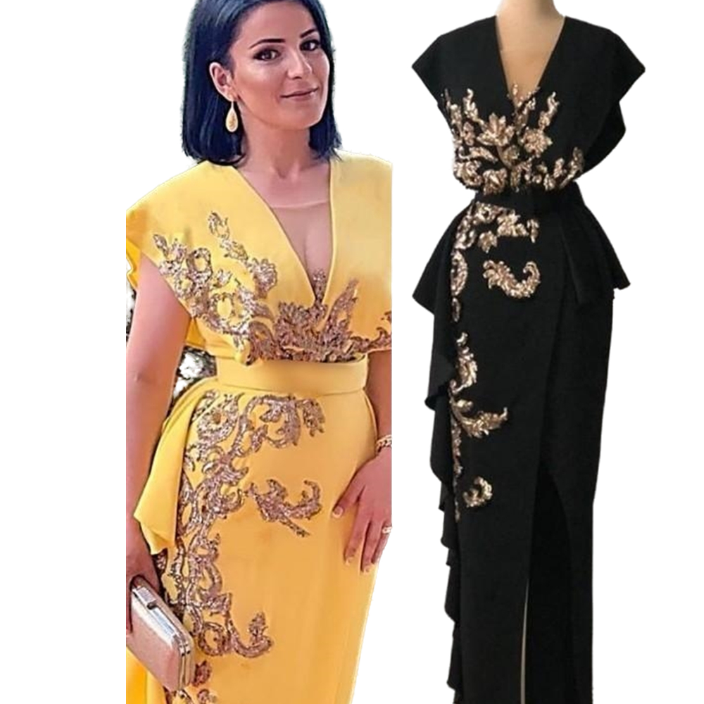 Vintage Sheath Formal Celebrity Evening Dresses Split Cap Sleeves Satin Illuion V Neck Gold Appliques Elegant Famous Long Red Carpet Dress Prom Gowns 
