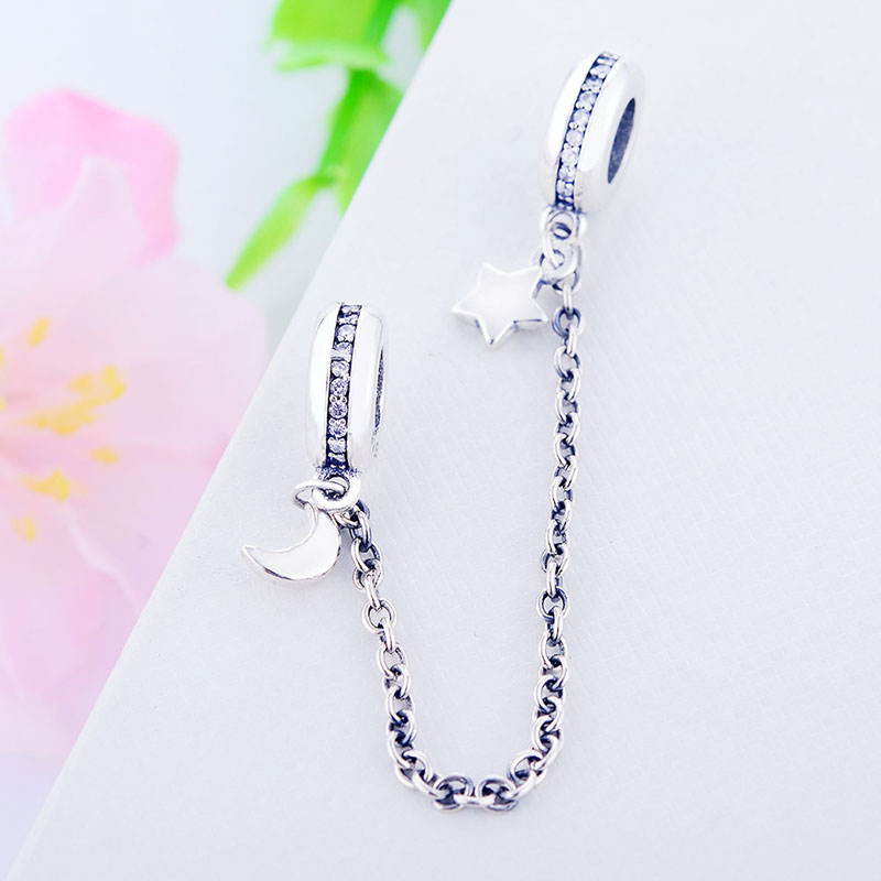 Authentic 925 Sterling Silver Moon Star Dangle Safety Chain Beads Fit Original Brand Charm Bracelet DIY Jewelry Making Berloque