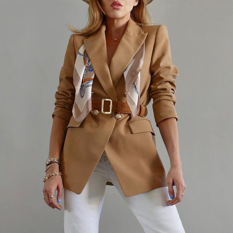 Women Blazer Temperament Suit Double Breasted Long Sleeve Ladies Coat Silk Stitching Women's Jacket 210524