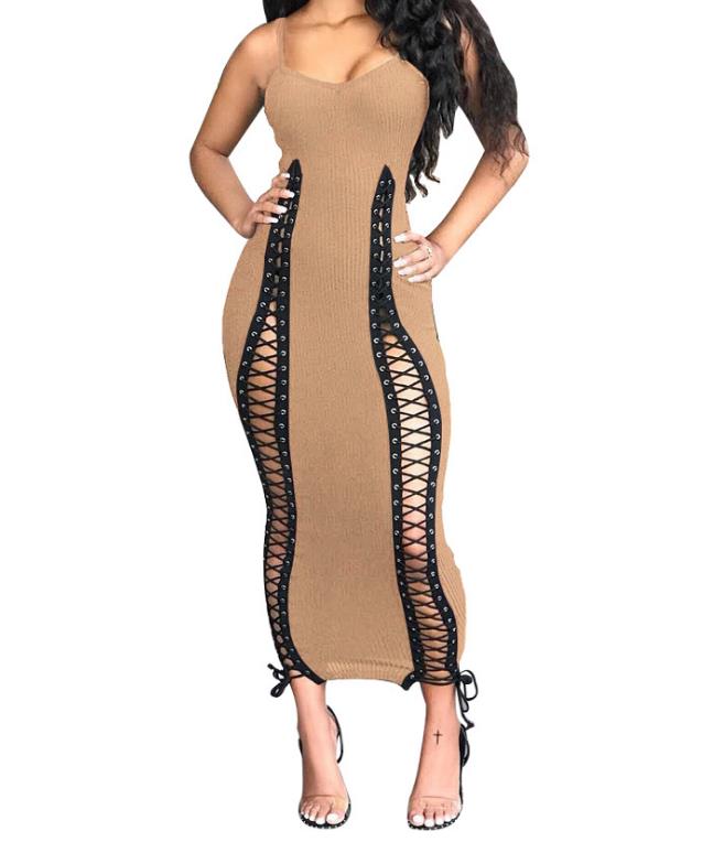 Womens Sexy Lace up Bodycon Long Maxi Dress Spaghetti Straps Hollow Out Backless Knit Ribbed Bandage Clubwear Red Black S-XL