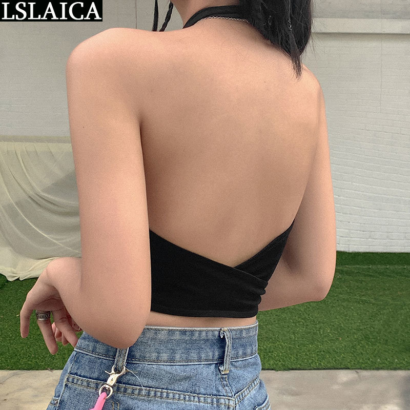 Summer Tops For Women Black Sleeveless Knitted Streetwear Backless Criss-Cross Bandage Crop Sexy Club Tank 210520