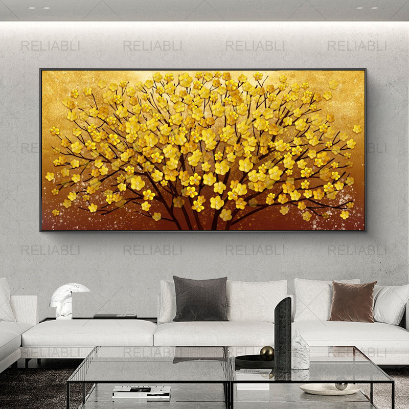Modern Oil Painting Printed on Canvas Golden Yellow Rich Tree Flower Plant Posters and Prints Wall Picture for Living Room Decor