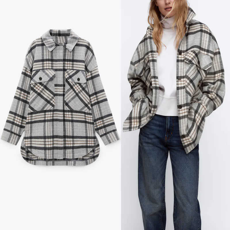 

Za Vintage Plaid Overshirt Women Long Sleeve Asymmetric Hem Office Lady Shirt Female Chic Flap Patch Pockets Plus Size Top 210602, As picture