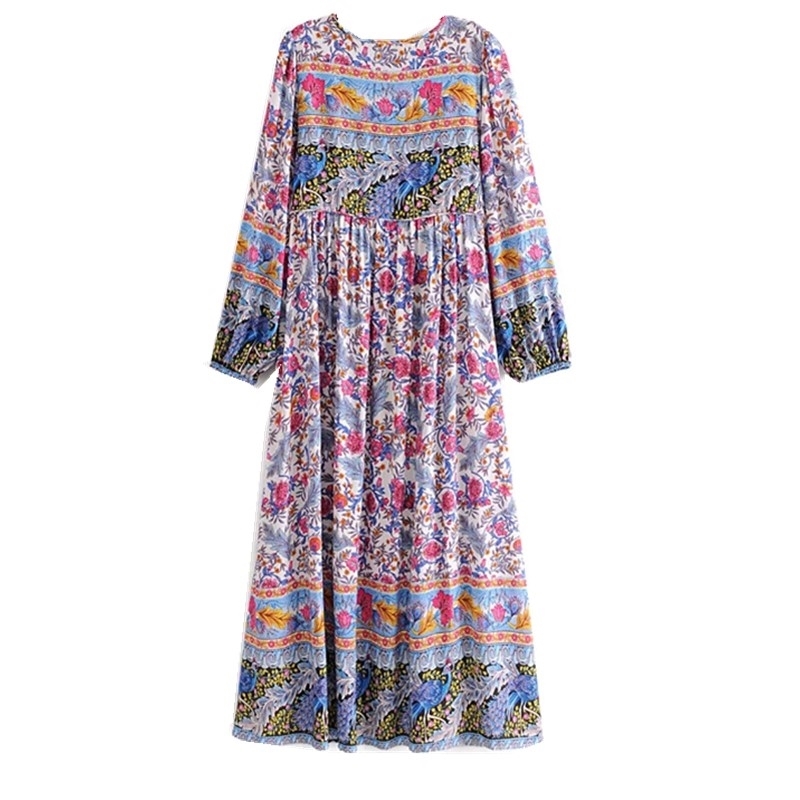 BOHO Lace up V neck Floral Peacock Print Maxi Long Cotton Dress Ethnic Woman Bandage Sleeve Dresses Holiday Vestido 210429