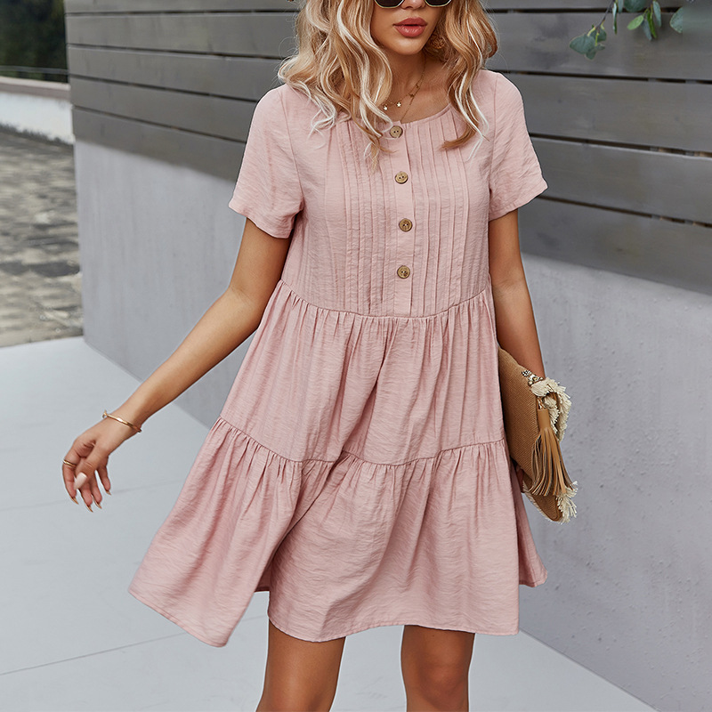 women summer dress Casual O-neck short sleeve with buttons loose pleated mini female es 210524, Navy blue
women summer dress Casual O-neck short sleeve with buttons loose pleated mini female es 210524, Navy blue