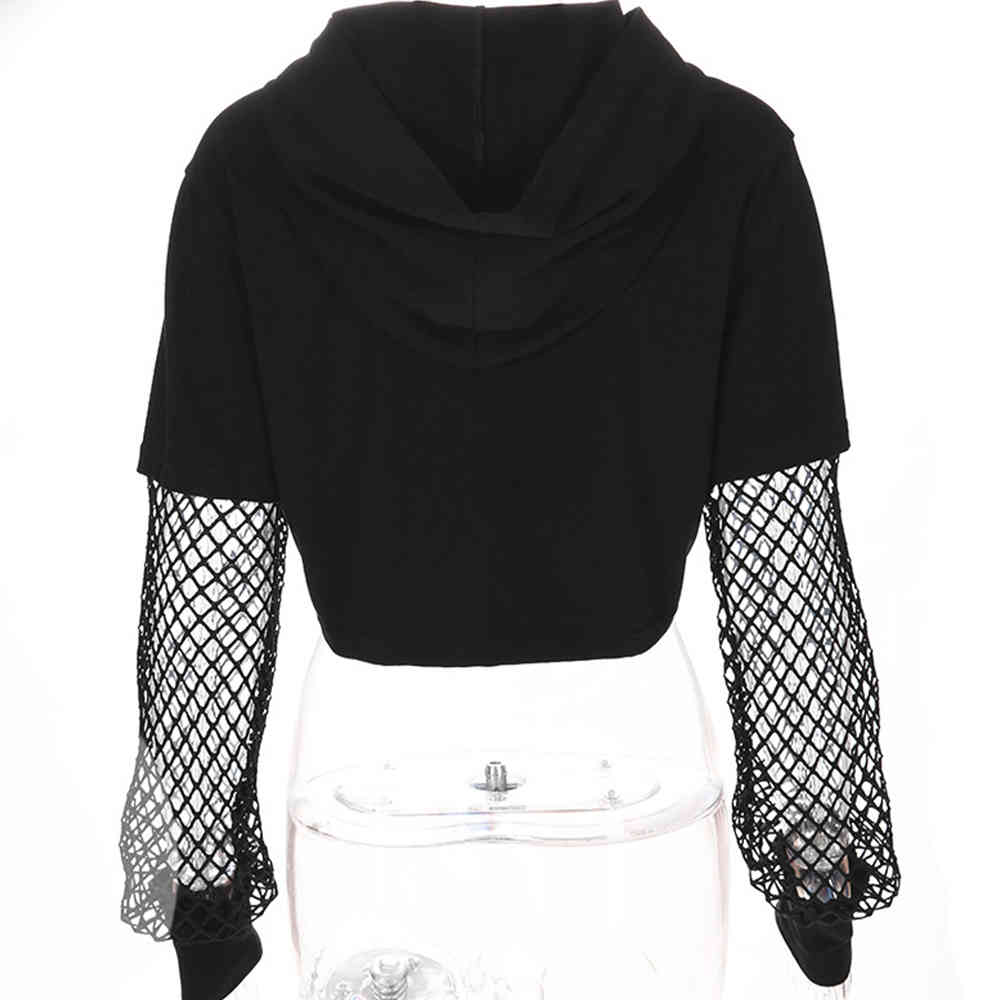 Women Mesh Long Sleeve Crop Tops Casual Letter Print Short Hoodies Sweatshirts Female Streetwear Fashion 210428