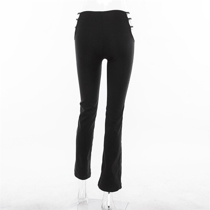Y2K Street Clubwear Fashion Hollow Out side Waist Fitness High Pants Women Sexy Bandage Full length Trousers black 210429