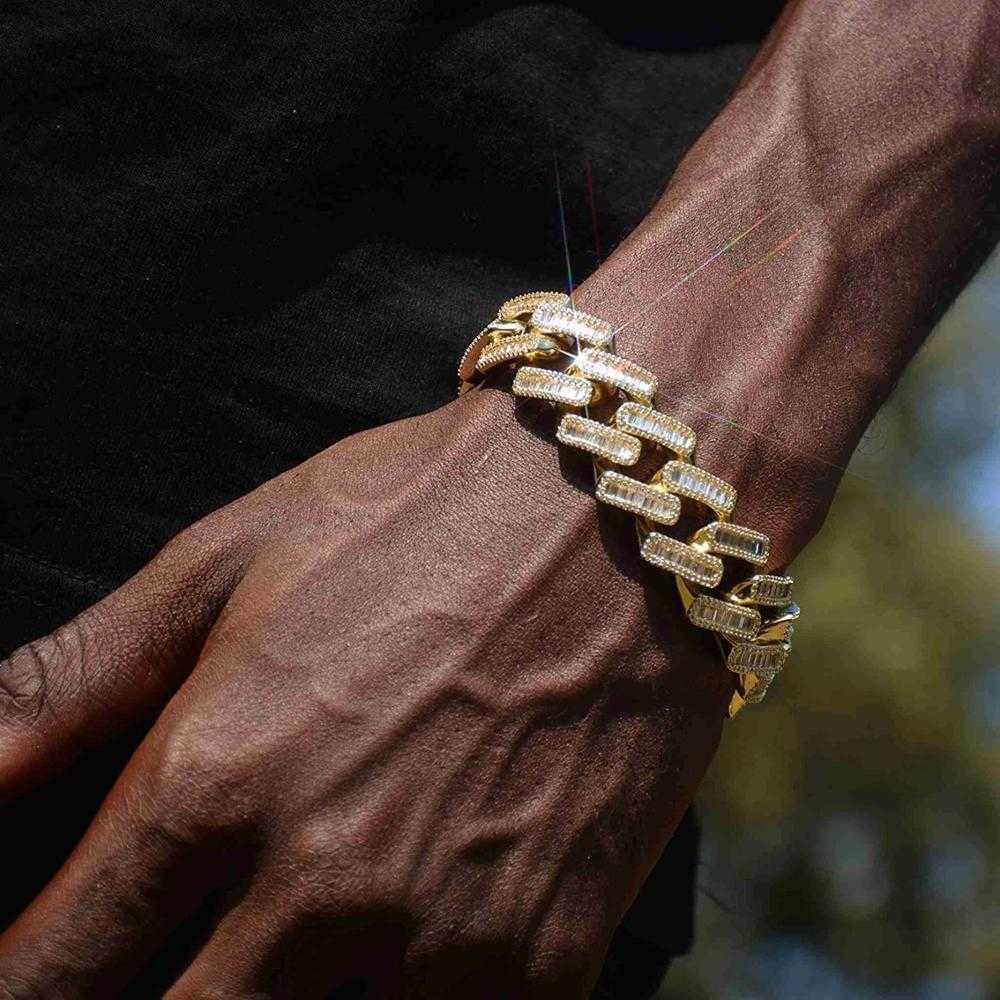 15mm width 5A iced out bling baguette cz cuban link chain bracelet for men Gold color hiphop jewelry 210609