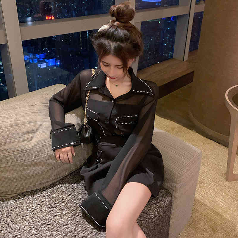 Summer Sexy Women Office OL Black Perspective Top Fashion Long Sleeve Casual Chiffon Shirt Blusas Mujer 210519