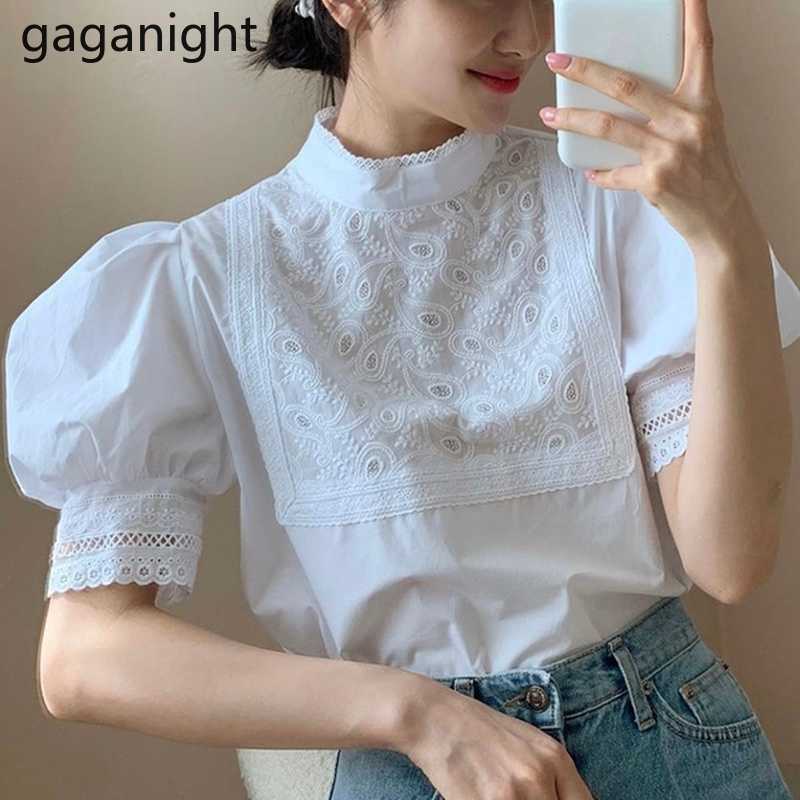 Women Elegant Lace Stand Collar Blouse Summer Floral Embroidery Hollow Out Office Shirt Female Short Sleeve White Tops 210601