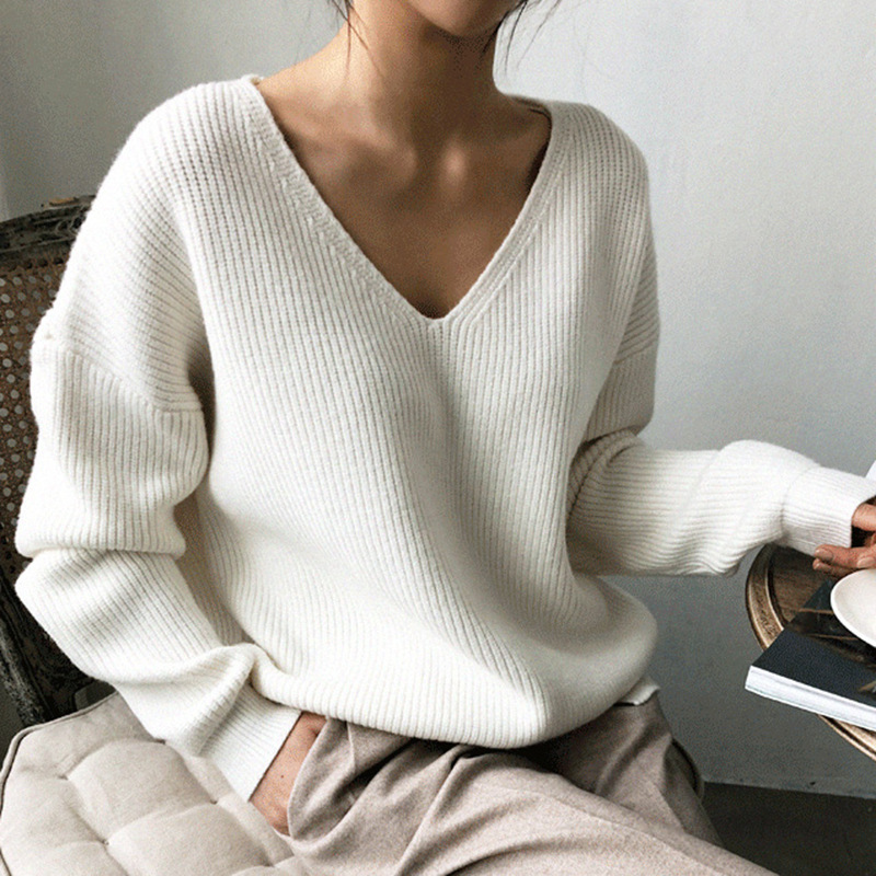 v neck knitted sweater pullovers women vintage basic casual office ladies white streetwear korean oversized 210427